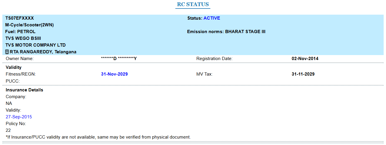Vehicle Registration Status Details Card Display on Vahan